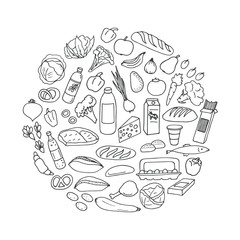 Circle from food doodles on white background. Vector illustration.