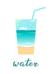 Water. Sea beach in glass silhouette. Mask in form of glass. Vector illustration.