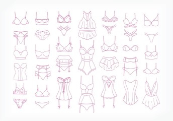 Collection of women's lingerie sets and sleepwear drawn with contour lines on white background. Bundle of elegant and sexy female underwear. Monochrome vector illustration in modern lineart style.