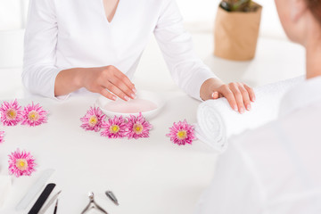 partial view of manicurist and woman receiving bath for nails at table with flowers, nail clippers, nail files and cuticle pusher in beauty salon