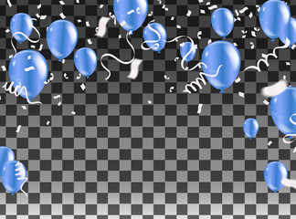 Celebration party banner with blue balloons and serpentine silver