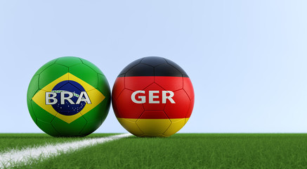 Naklejka na ściany i meble Brazil vs. Germany Soccer Match - Soccer balls in German and Brazil national colors on a soccer field. Copy space on the right side - 3D Rendering 