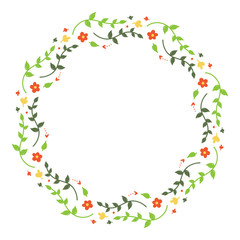 Colorful vector round floral frame with branches, leaves and flowers for spring and summer design.

