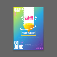 Vector Hello Summer Beach Party vertical A4 poster Design template or mock up with fresh lemon on gradient background. Hello summer concept label or flyer with orange fruit and typographic text.