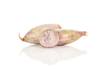 Two peeled shallots and one ring slice isolated on white background.