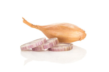 One golden shallot and three ring slices isolated on white background.