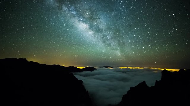 Night timelapse of the Milky Way over a sea of clouds in La Palma, Canary Islands, Spain