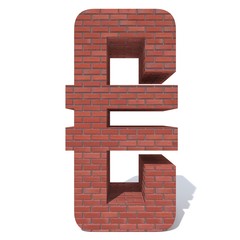 Conceptual red heavy rough masonry constructed font or type, brick construction industry piece isolated white background. Educative architecture material, aged texture surface 3D illustration design