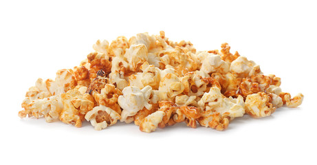 Tasty caramel popcorn on white background