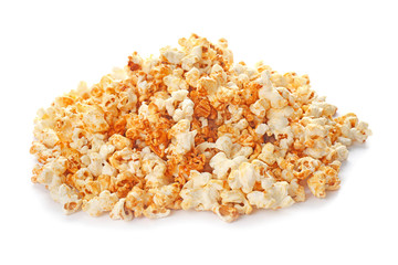 Tasty caramel popcorn on white background
