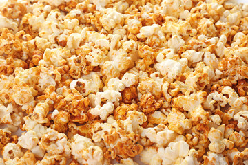 Tasty caramel popcorn, closeup