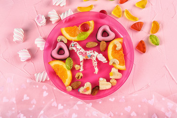 Creative breakfast for children on plate. Recipe ideas with bread