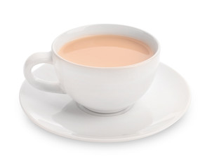 Cup of aromatic tea with milk on white background