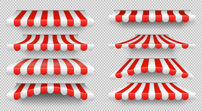 Red and white sunshade. Outdoor awnings for cafe and shop window isolated vector set