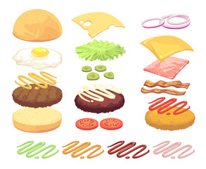 Sandwich and burger food ingredients cartoon vector set