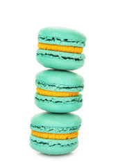 Stack of delicious macarons on white background