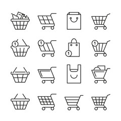 Empty online shopping baskets, market box line web shop vector icons