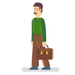 Man with suitcase character in flat style