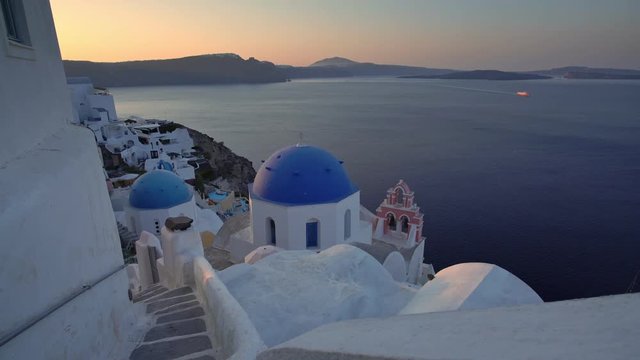 Santorini Greece. Famous village of Oia streets. Amazing atmosphere of morning peace. Sunrise peace.