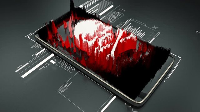 Phone hacking, red skull hologram on smartphone screen, mobile virus, attack. Smartphone data theft, mobile hacking