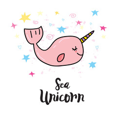T-shirt or card print design with unicorn whale