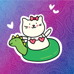 Card print design with cat in swimming rubber ring