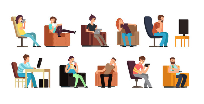 Sedentary man and woman on couch watching tv, phone, reading. Lazy lifestyle cartoon vector characters isolated