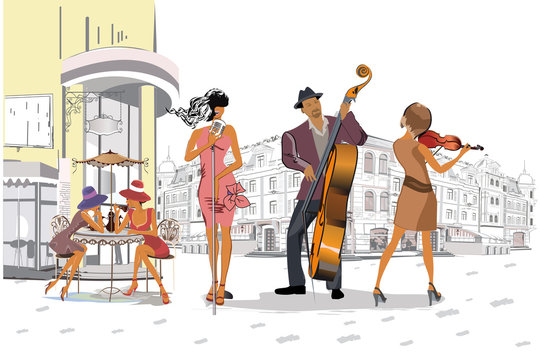  Musicians at the party. Jazz band. Hand drawn vector illustration.
