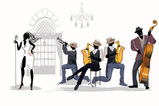  Musicians at the party. Jazz band. Hand drawn vector illustration.
