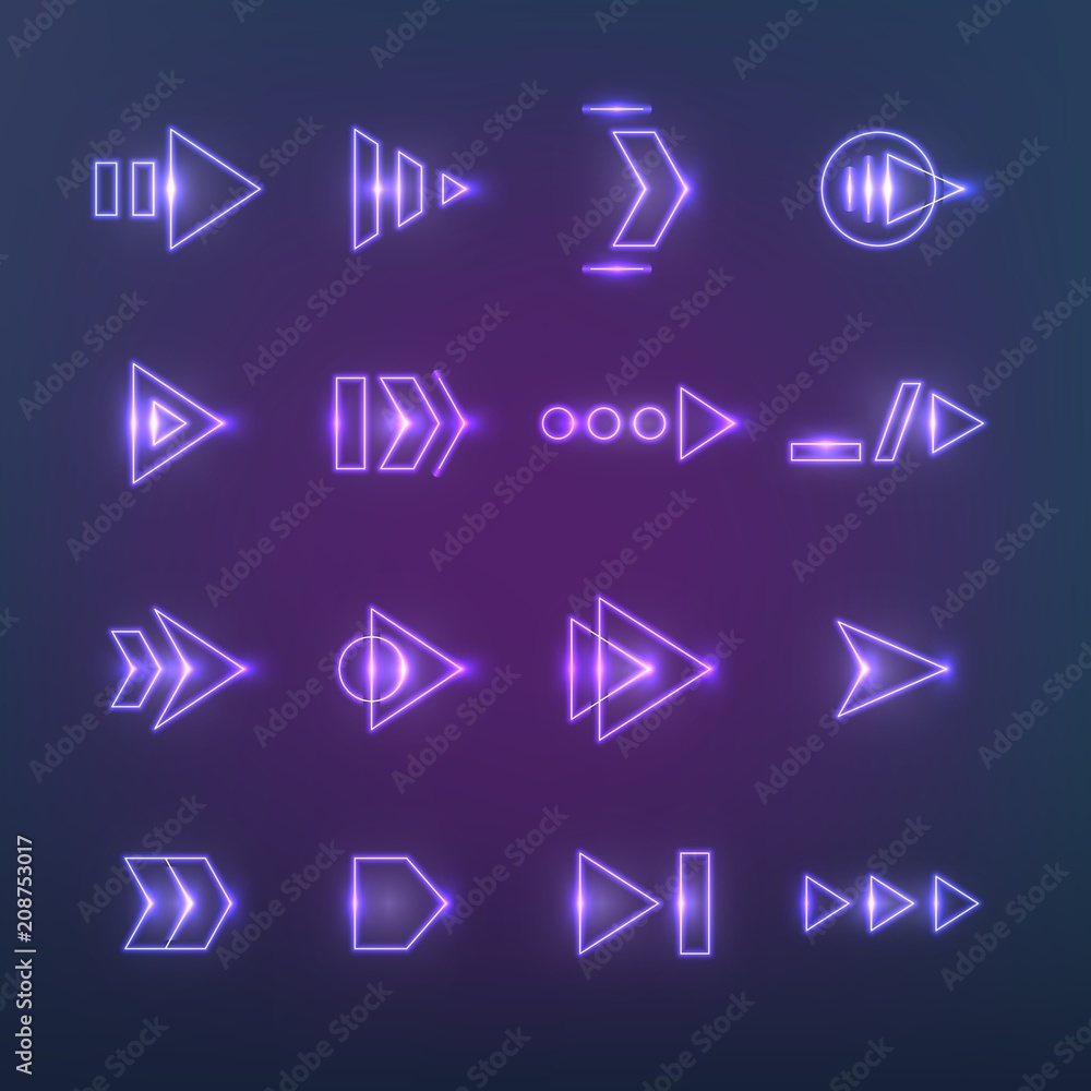 Poster directional neon holographic arrows. pointers, navigation arrow with luminosity effect. future tech 