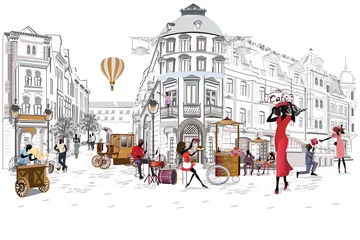Poster Series of the street cafes with people, men and women, in the old city, vector illustration. Waiters serve the tables.  © Anna Laifalight
