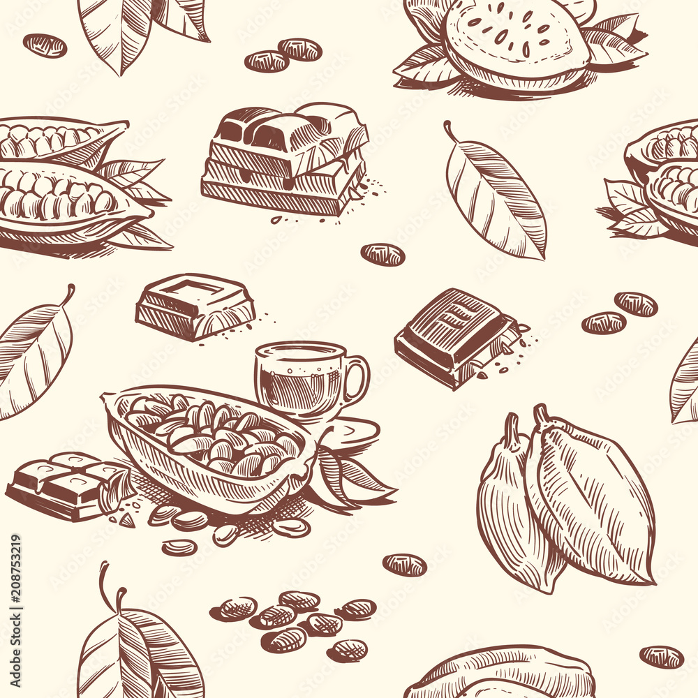 Poster cocoa tree, chocolate beans seamless pattern. cacao fruit woodcut vector repeating texture