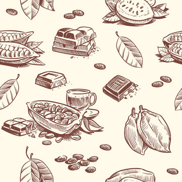 Cocoa tree, chocolate beans seamless pattern. Cacao fruit woodcut vector repeating texture