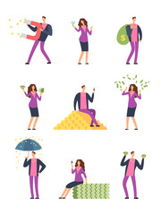 Rich luxury people spending money. Happy wealthy man, millionaire vector cartoon characters set isolated