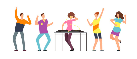 Adult persons dance. Happy dancing people. Teenager dancers at party vector cartoon characters isolated on white background