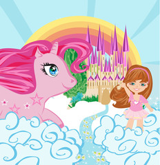 Card with a cute unicorn and sweet girl © diavolessa