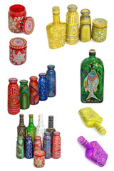 many different bottles, painted dot painted on isolated background.