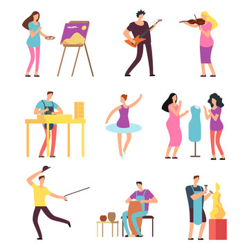 Cartoon artists and musicians vector isolated characters in creative artistic hobbies
