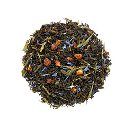 Pile of dry tea on white background, top view