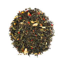 Pile of dry tea on white background, top view