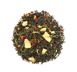 Pile of dry tea on white background, top view