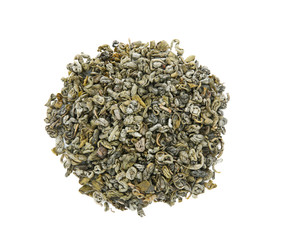 Pile of dry tea on white background, top view