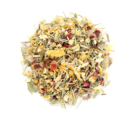 Pile of dry herbal tea on white background, top view