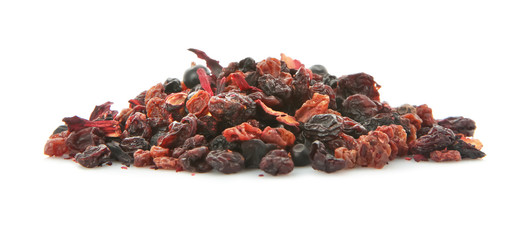 Pile of dry fruit tea on white background