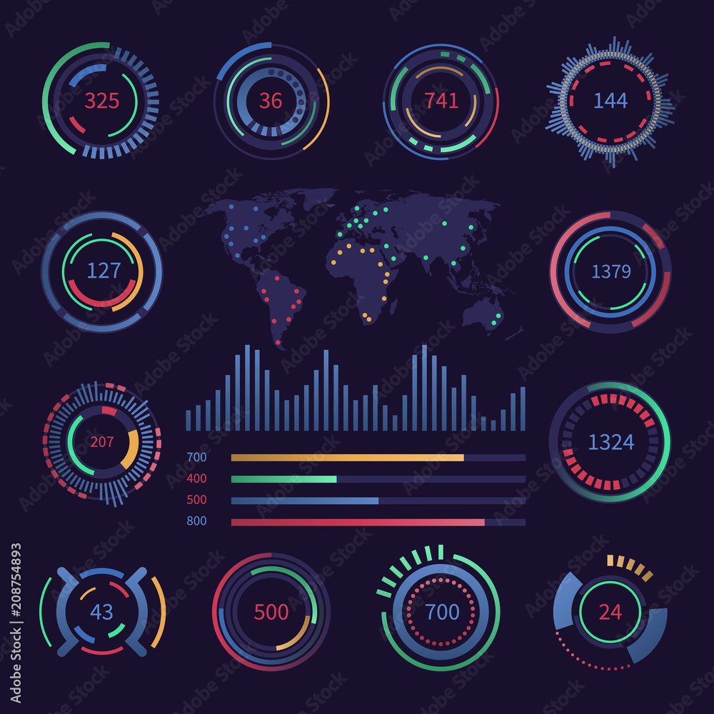 Poster circular digital hud visualisation data elements. sci fi interfaces with infographics charts. vector