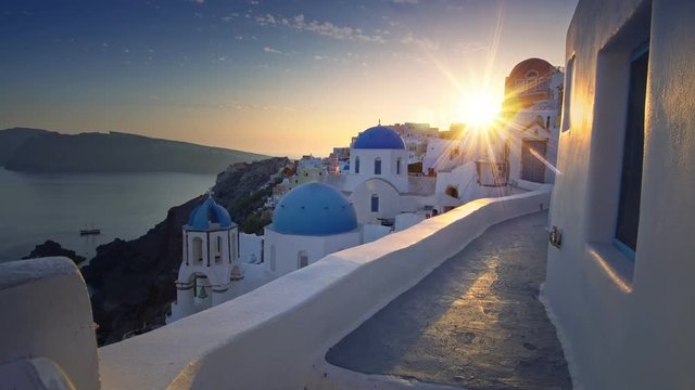 Santorini Greece. Famous village of Oia streets. Amazing atmosphere of morning peace. Sunrise peace.