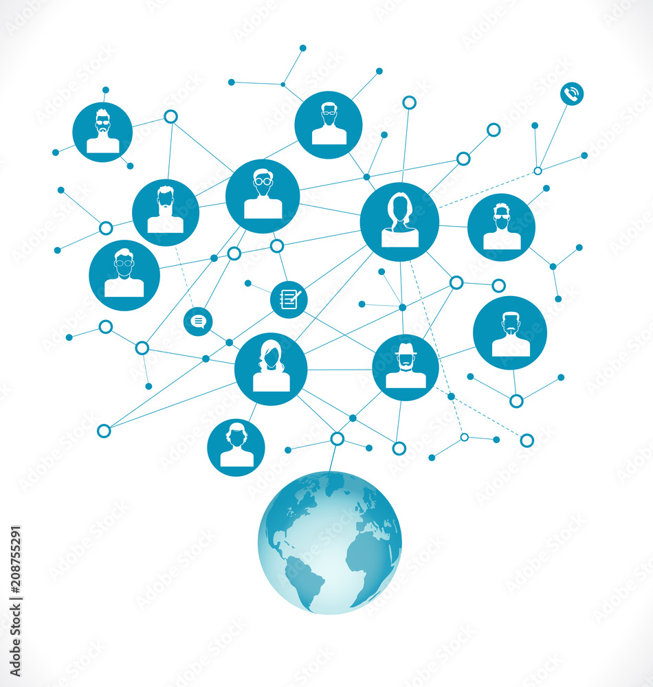 Poster global worldwide communication concept illustration for multicultural social networking and texting.