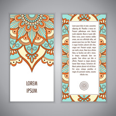 Greeting card or Invitation template with ethnic mandala ornament. Hand drawn vector illustration