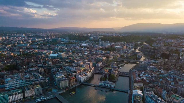 sunset sky geneva lake cityscape aerial panorama 4k timelapse switzerland

