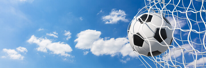 Panorama Fußball im Tor vor blauem Himmel © Robert Kneschke
